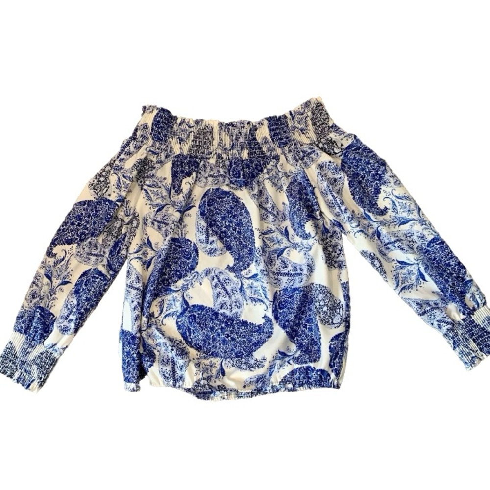 NWT Veronica M Off Shoulder Top Smocked Blue White Paisley Women Sz S Boho